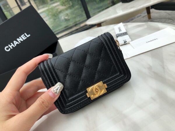 1:1 Replica Chanel CO-CO Boy Chanel Zipped Coin Purse 11cm/4.3in Gold Toned Hardware For Women Black