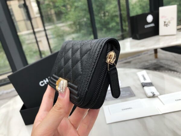 1:1 Replica Chanel CO-CO Boy Chanel Zipped Coin Purse 11cm/4.3in Gold Toned Hardware For Women Black