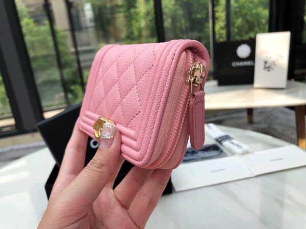 1:1 Replica Chanel CO-CO Boy Chanel Zipped Coin Purse 11cm/4.3in Gold Toned Hardware For Women Pink