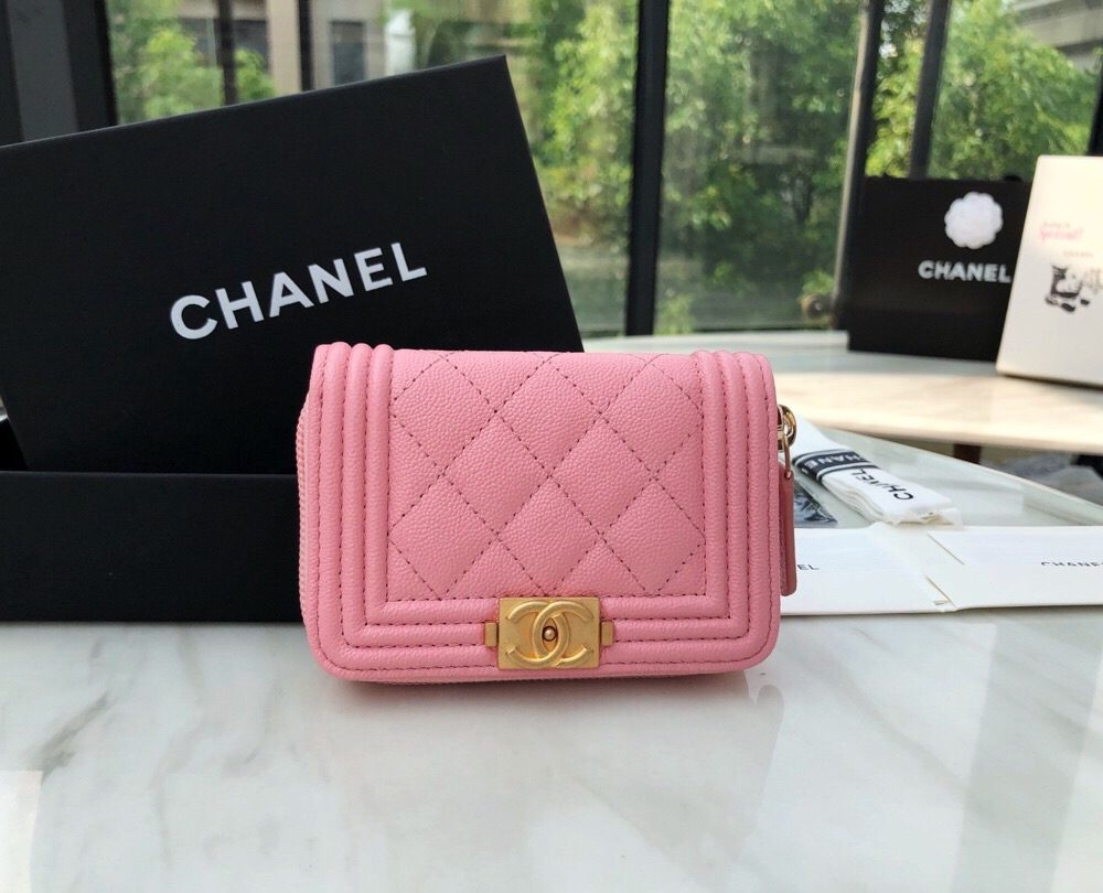 1:1 Replica Chanel CO-CO Boy Chanel Zipped Coin Purse 11cm/4.3in Gold Toned Hardware For Women Pink