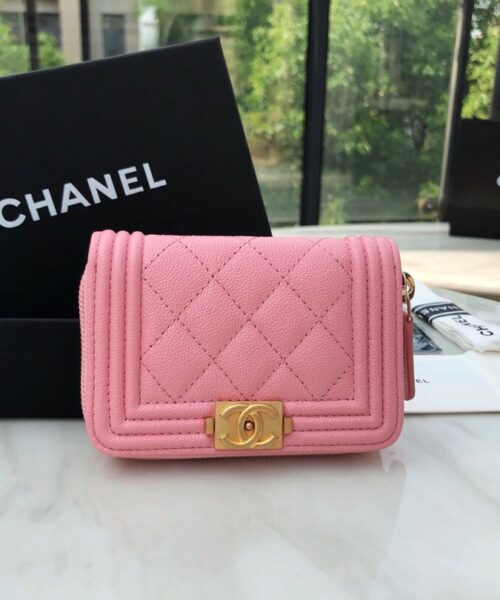 1:1 Replica Chanel CO-CO Boy Chanel Zipped Coin Purse 11cm/4.3in Gold Toned Hardware For Women Pink