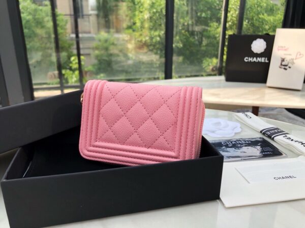 1:1 Replica Chanel CO-CO Boy Chanel Zipped Coin Purse 11cm/4.3in Gold Toned Hardware For Women Pink