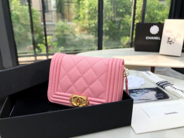 1:1 Replica Chanel CO-CO Boy Chanel Zipped Coin Purse 11cm/4.3in Gold Toned Hardware For Women Pink