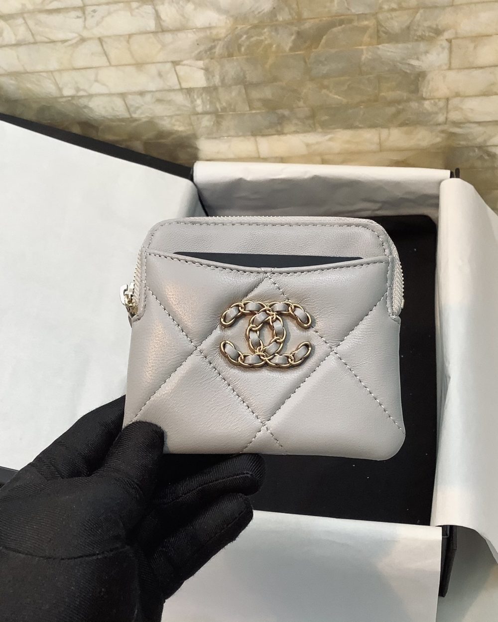 1:1 Replica Chanel CO-CO Card Holder 12cm/4.7in Gold Hardware For Women Grey