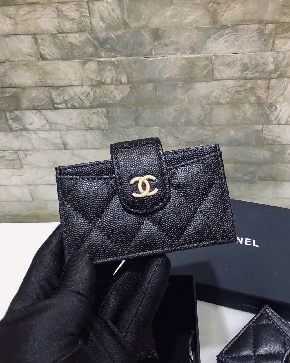 1:1 Replica Chanel CO-CO Card Holder Wallet 10cm/4in Gold Hardware For Women Black