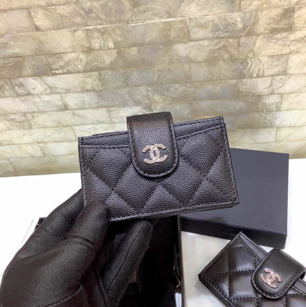 1:1 Replica Chanel CO-CO Card Holder Wallet 10cm/4in Silver Hardware For Women Black
