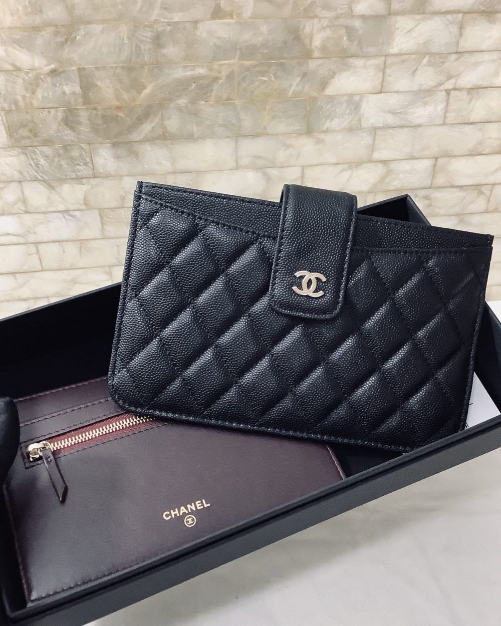 1:1 Replica Chanel CO-CO Flap Pouch Wallet 19cm/7.2in Silver Hardware For Women Black