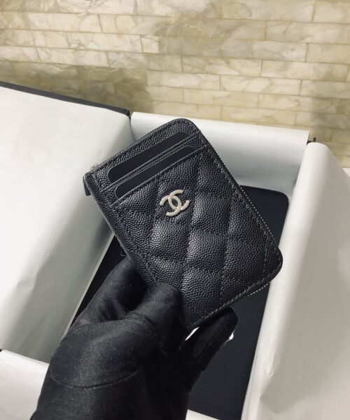 1:1 Replica Chanel CO-CO Small Card Holder Wallet 11cm/4.3in Silver Hardware For Women Black