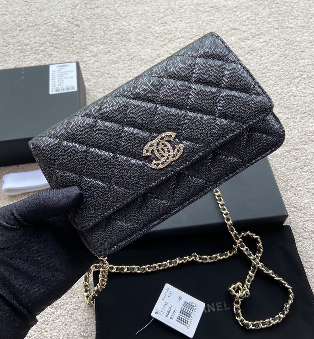 1:1 Replica Chanel CO-CO Wallet On Chain 20cm/7.9in Gold Hardware For Women Black