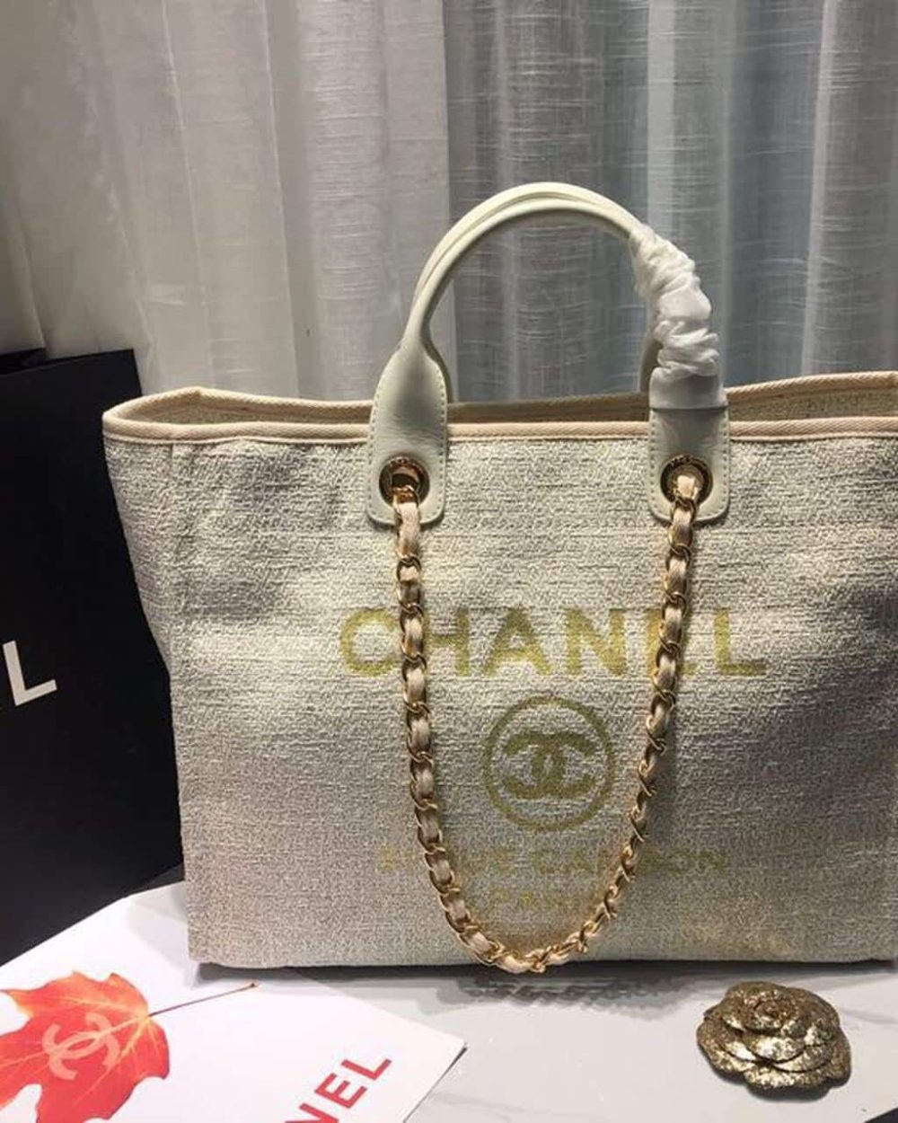 [REP 1:1] Chanel Deauville Tote Tweed Canvas Bag Fall/Winter Collection, Beige/Cream/Gold/Multi For Women 15in/38cm