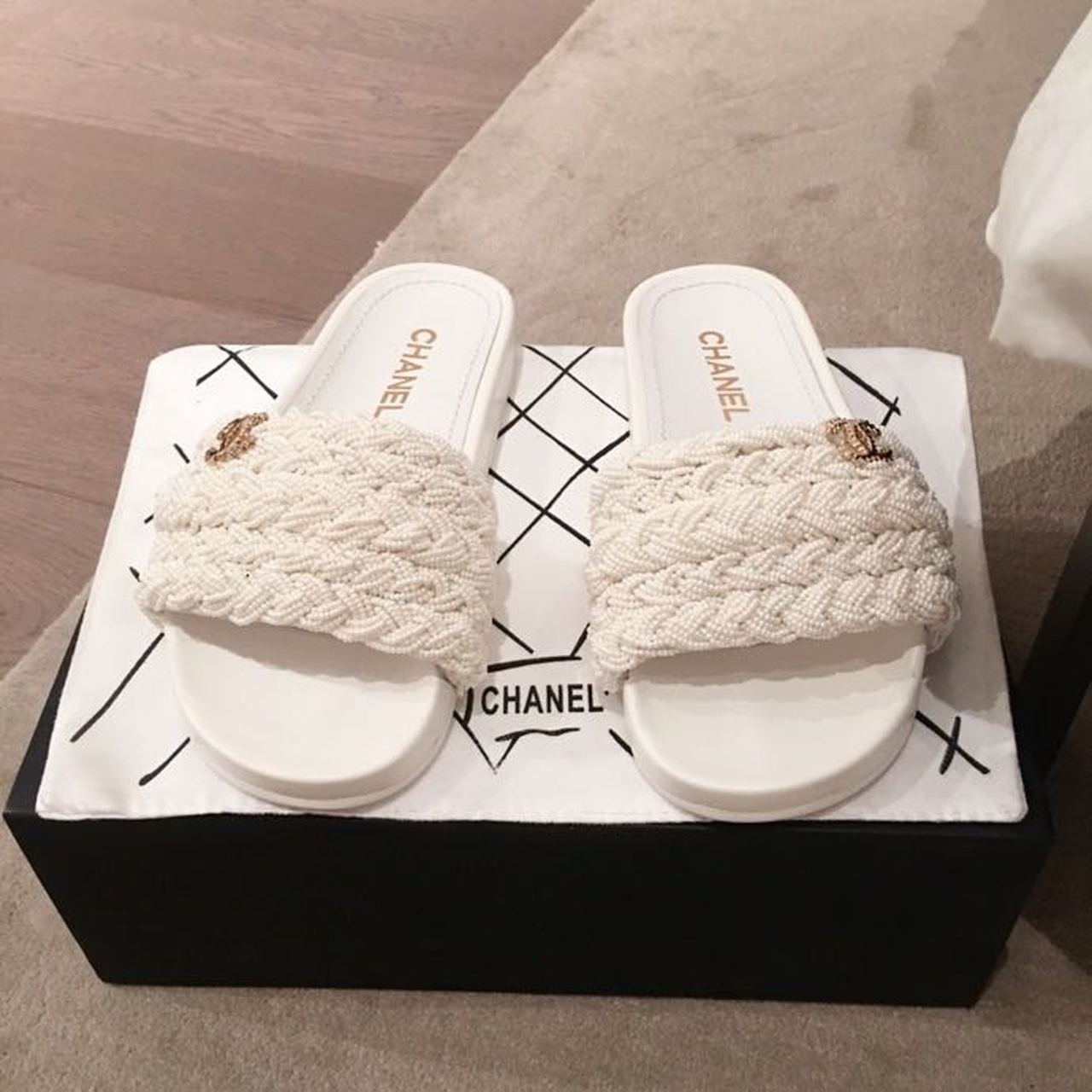 Chanel Pearl Beaded Embellished Sandals White For Women, Women's Shoes