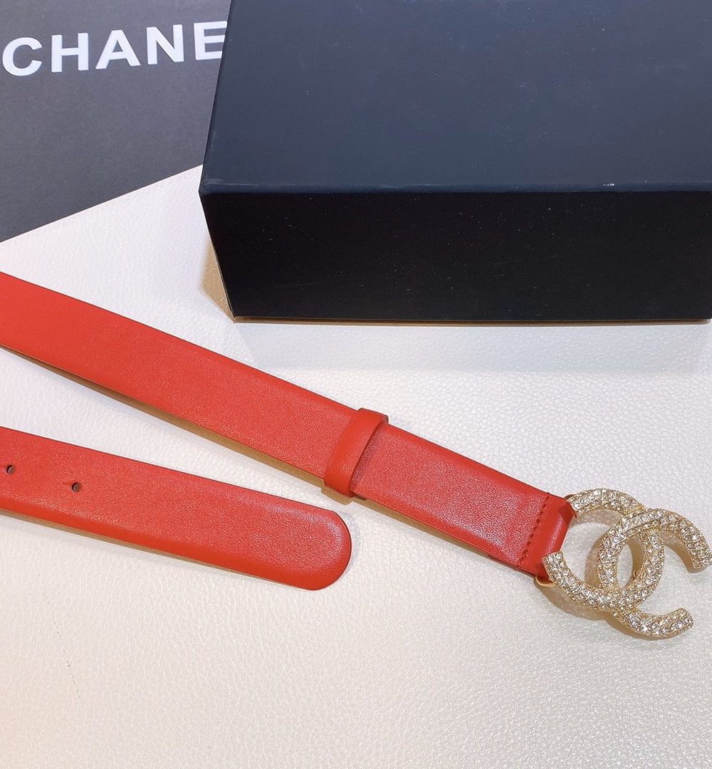 1:1 Replica Chanel Red Belt With Double C Buckle Gold-Toned and Strass Metal Women Belt