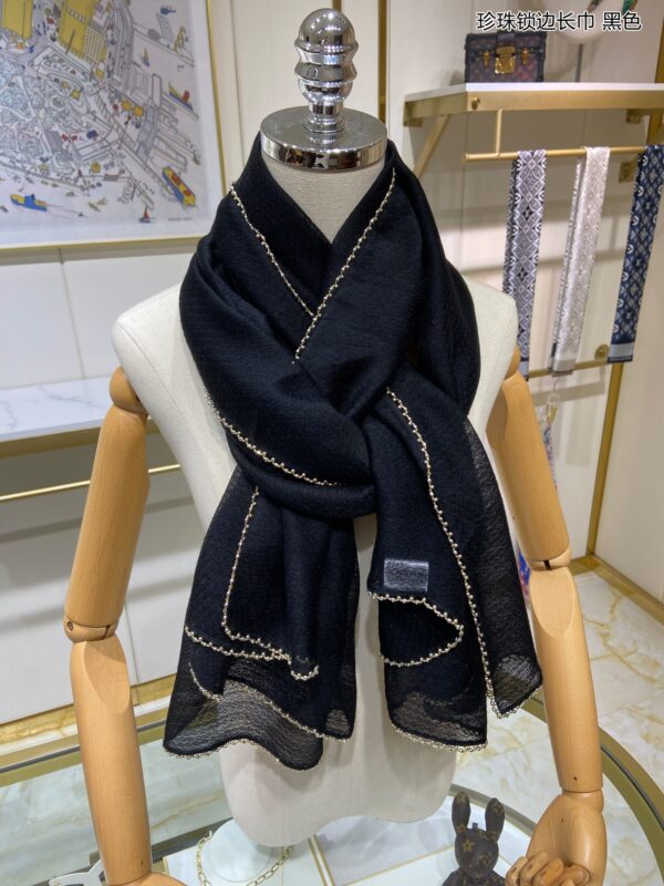 Chanel Silk Chiffon in Black With Toned Gold Beaded Border Scarf 200cm/78in 