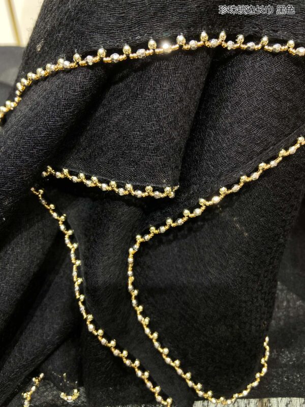 Chanel Silk Chiffon in Black With Toned Gold Beaded Border Scarf 200cm/78in 