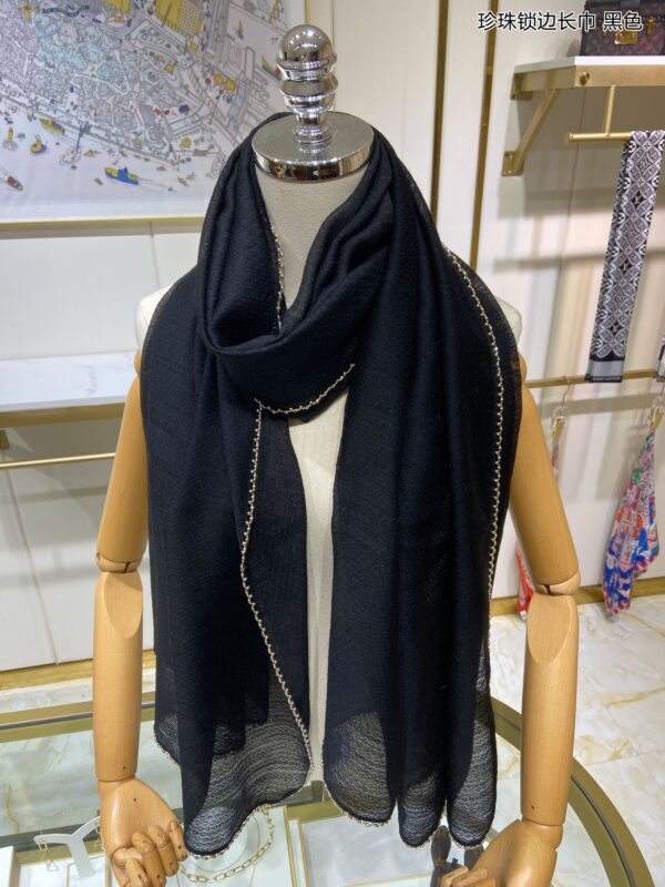 Chanel Silk Chiffon in Black With Toned Gold Beaded Border Scarf 200cm/78in 