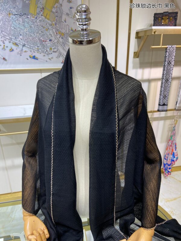 Chanel Silk Chiffon in Black With Toned Gold Beaded Border Scarf 200cm/78in 