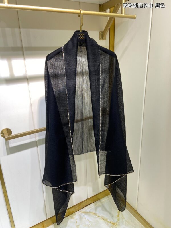 Chanel Silk Chiffon in Black With Toned Gold Beaded Border Scarf 200cm/78in
