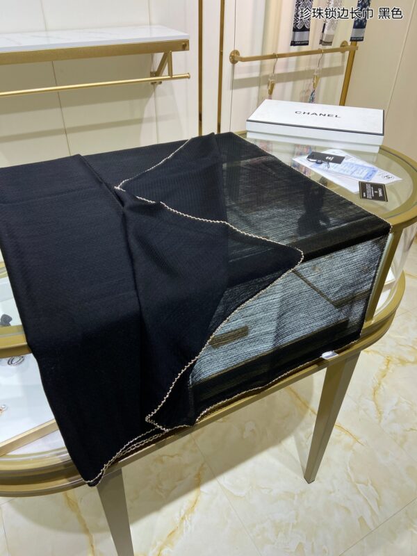 Chanel Silk Chiffon in Black With Toned Gold Beaded Border Scarf 200cm/78in