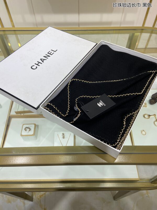 Chanel Silk Chiffon in Black With Toned Gold Beaded Border Scarf 200cm/78in