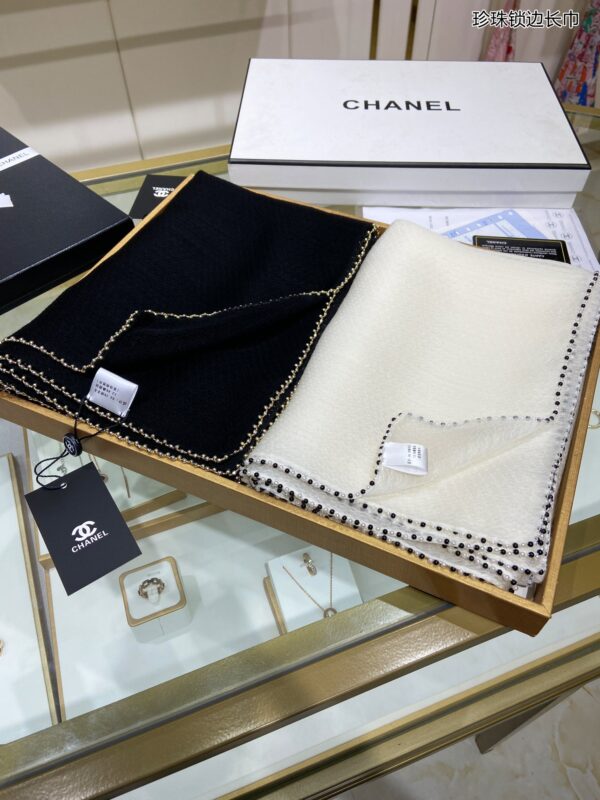 Chanel Silk Chiffon in Black With Toned Gold Beaded Border Scarf 200cm/78in