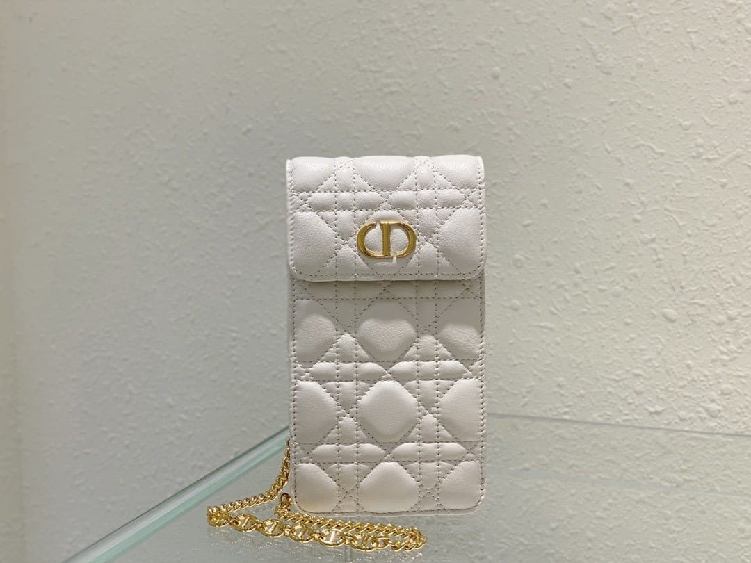 1:1 Replica Christian Dior Caro Phone Holder With Chain White, For Women, Women’s Handbags 7.5in/18.5cm CD