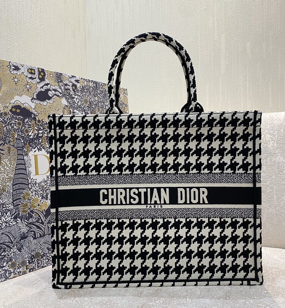 1:1 Replica Christian Dior Large Dior Book Tote Black Houndstooth Embroidery, Black/White, For Women Women’s Handbags, Shoulder Bags, 42cm CD