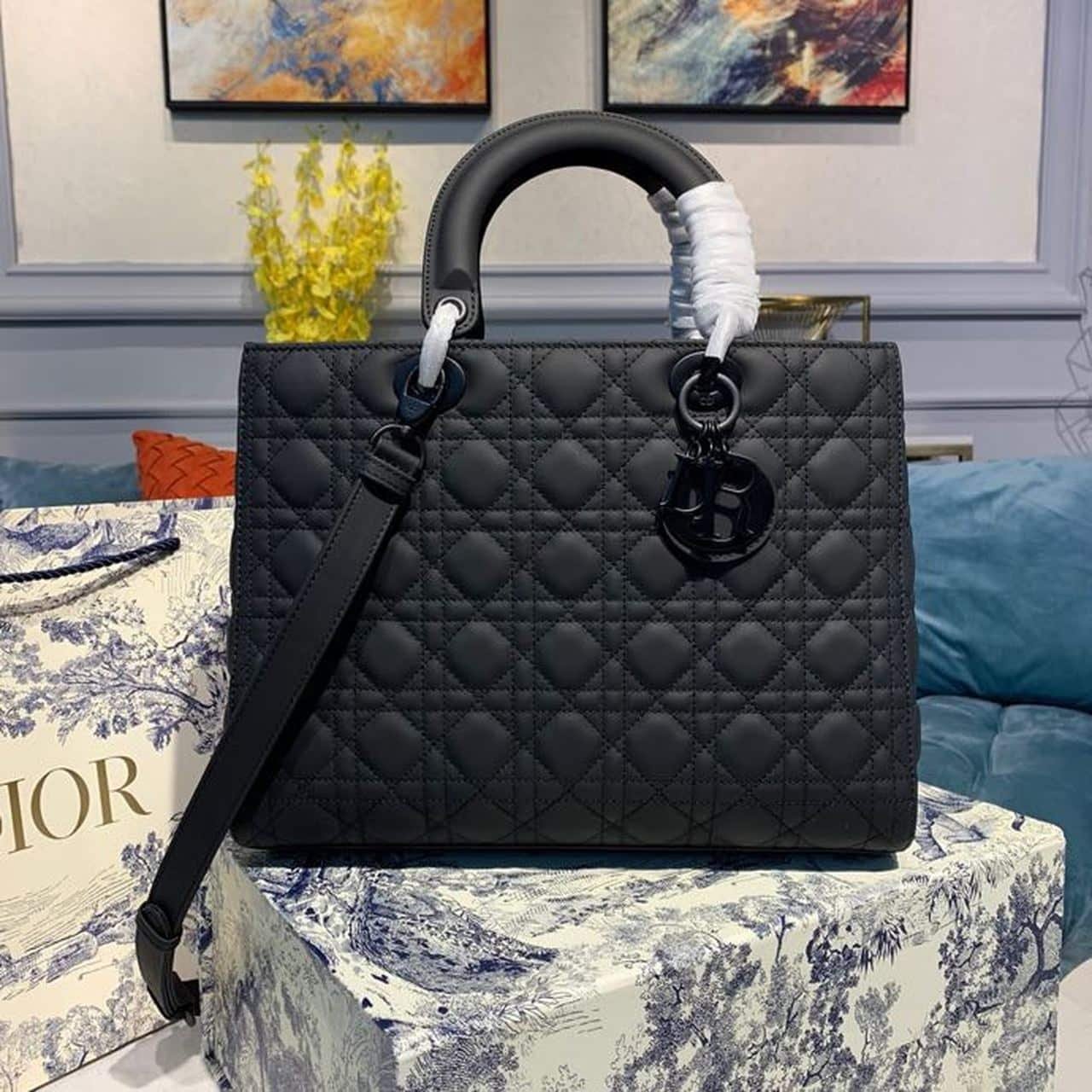 1:1 Replica Christian Dior Large Lady Dior Bag Black For Women 12.5in/32cm CD M0566SLOI_M989