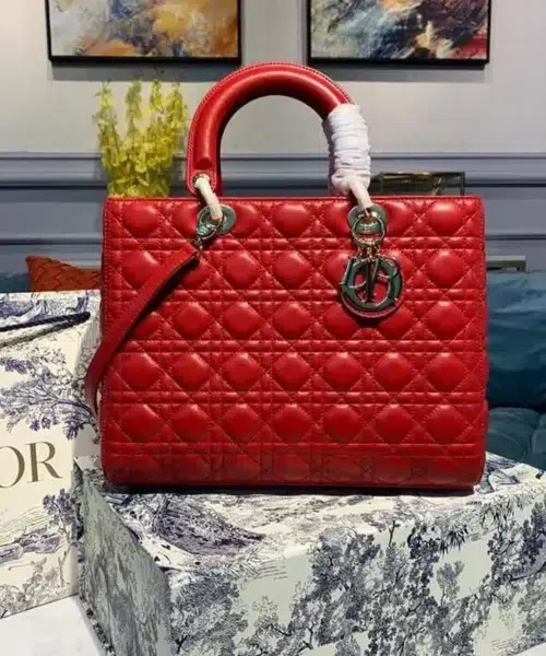 1:1 Replica Christian Dior Large Lady Dior Bag Gold Toned Hardware Cherry Red Cannage For Women CD 12.5in/32cm M0566ONGE_M52R