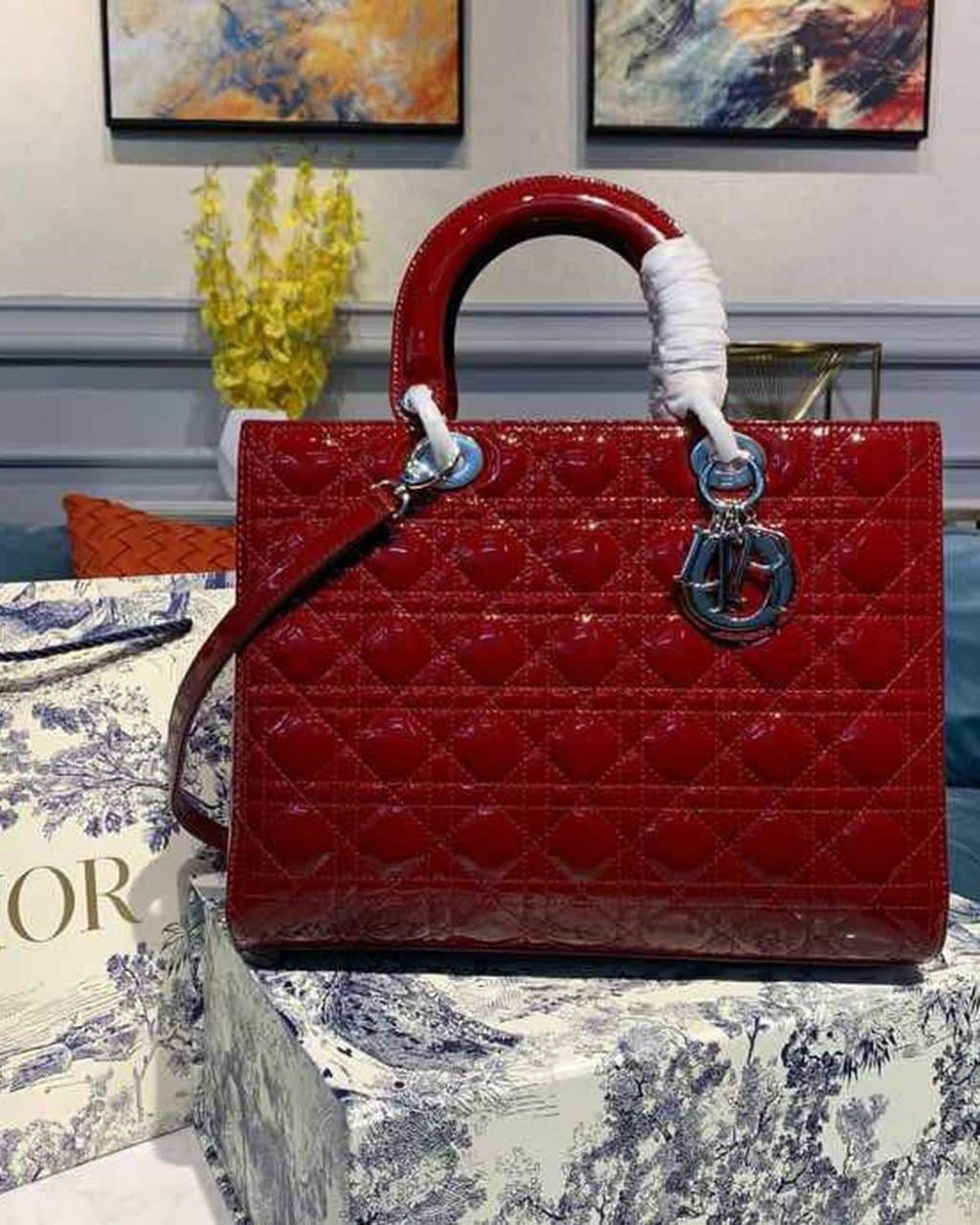 1:1 Replica Christian Dior Large Lady Dior Bag Silver Hardware Cherry Red Patent For Women 12.5in/32cm CD