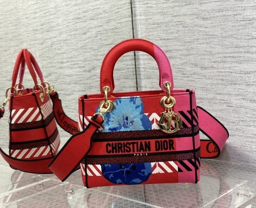 1:1 Replica Christian Dior Medium Lady D-Lite Bag D-Flower Pop Embroidery, Bright Pink Multicolor, For Women Women's Handbags, 24cm CD M0565OROO_M885