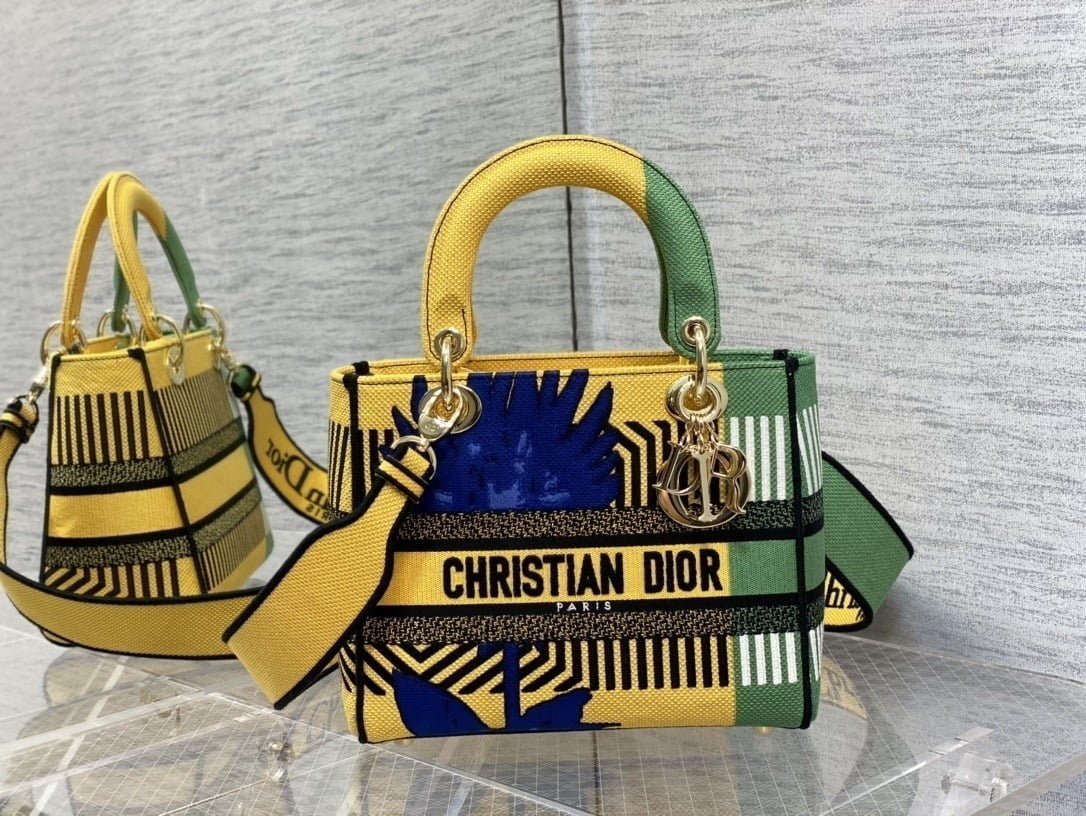 1:1 Replica Christian Dior Medium Lady D-Lite Bag D-Flower Pop Embroidery, Bright Yellow/Green, For Women Women's Handbags, 24cm CD M0565OROO_M886