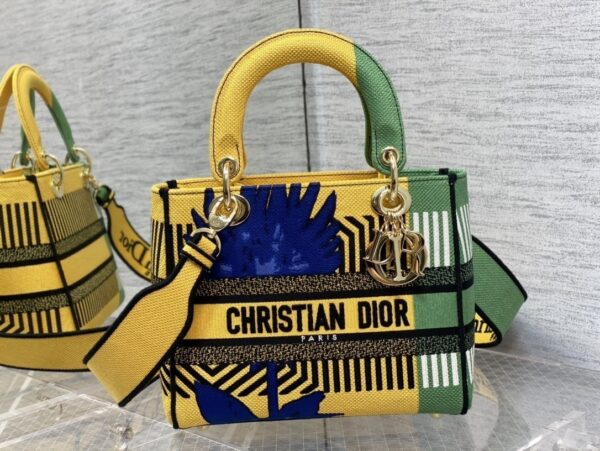 1:1 Replica Christian Dior Medium Lady D-Lite Bag D-Flower Pop Embroidery, Bright Yellow/Green, For Women Women's Handbags, 24cm CD M0565OROO_M886