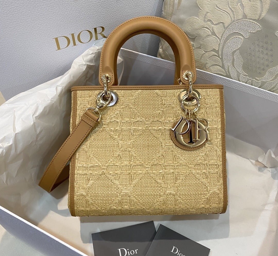 1:1 Replica Christian Dior Medium Lady Dior Bag Natural Cannage Raffia, Brown, For Women Women's Handbags, 24cm CD M0565OMBD_M925