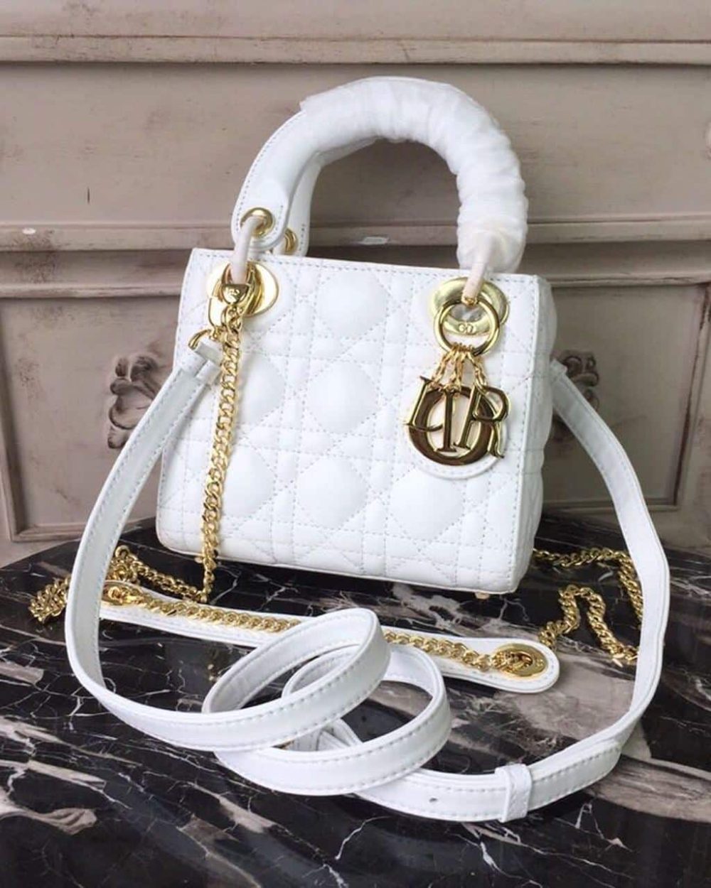 1:1 Replica Christian Dior Mini Lady Dior Bag Gold Toned Hardware White For Women 18cm/7in CD