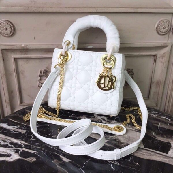 1:1 Replica Christian Dior Mini Lady Dior Bag Gold Toned Hardware White For Women 18cm/7in CD