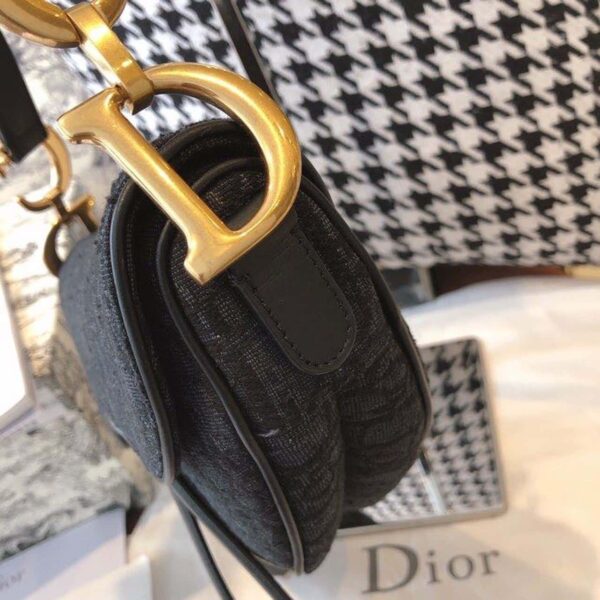 1:1 Replica Christian Dior Saddle Bag Black Oblique Embroidered Canvas Gold Toned Hardware For Women 25cm/10in CD