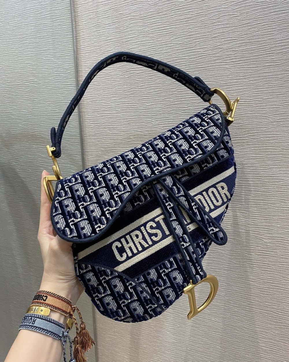 1:1 Replica Christian Dior Saddle Bag Blue Oblique Canvas Gold Toned Hardware For Women 25cm/10in CD
