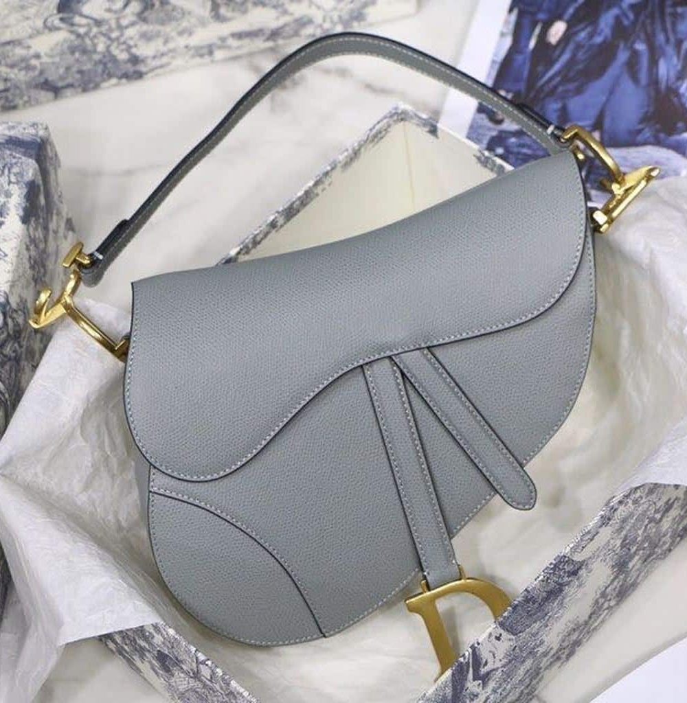 1:1 Replica Christian Dior Saddle Bag Light Blue Grained Gold Toned Hardware For Women 25cm/10in CD