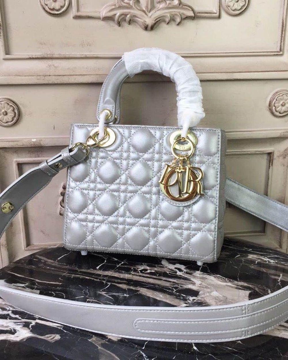 1:1 Replica Christian Dior Small Lady Dior Bag Gold Toned Hardware Pearl Silver White For Women 8in/20cm CD