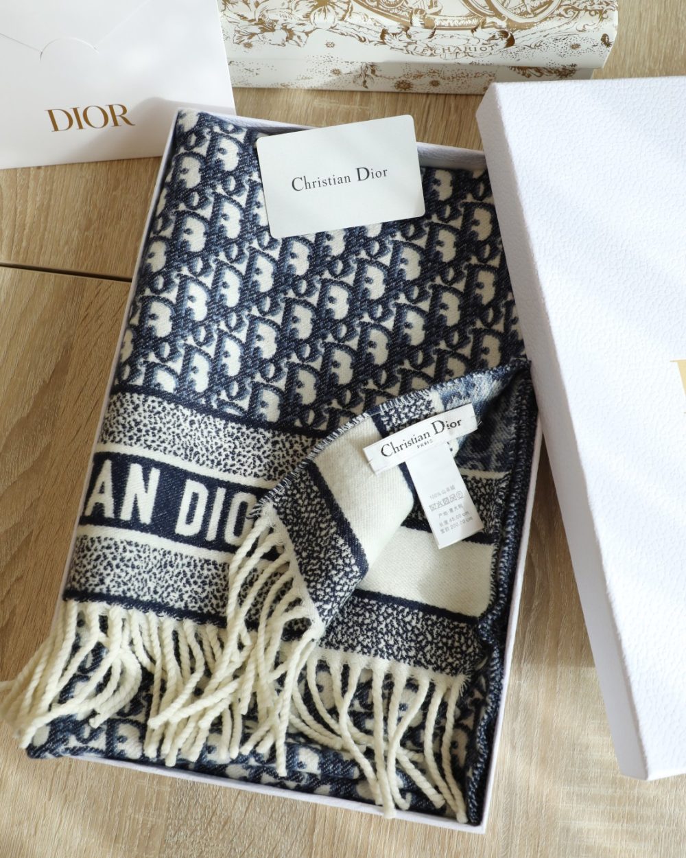 Dior Oblique Navy Blue Cashmere Scarf 200cm/79in