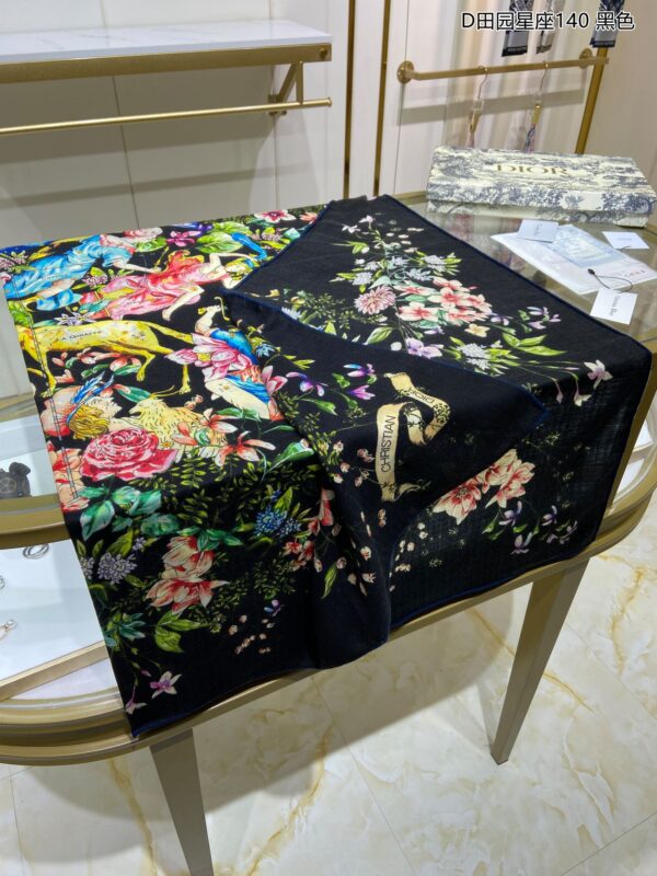 Dior Silk Cashmere Square Multicolor Flower in Black Scarf 140cm/55in 