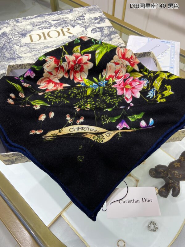 Dior Silk Cashmere Square Multicolor Flower in Black Scarf 140cm/55in 