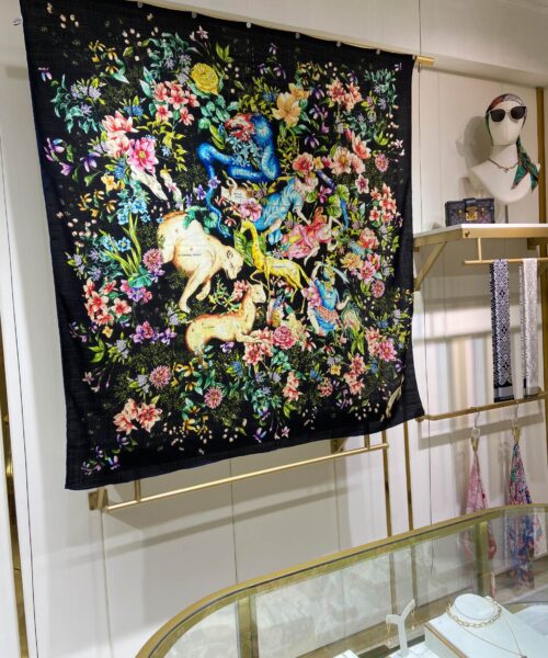 Dior Silk Cashmere Square Multicolor Flower in Black Scarf 140cm/55in 
