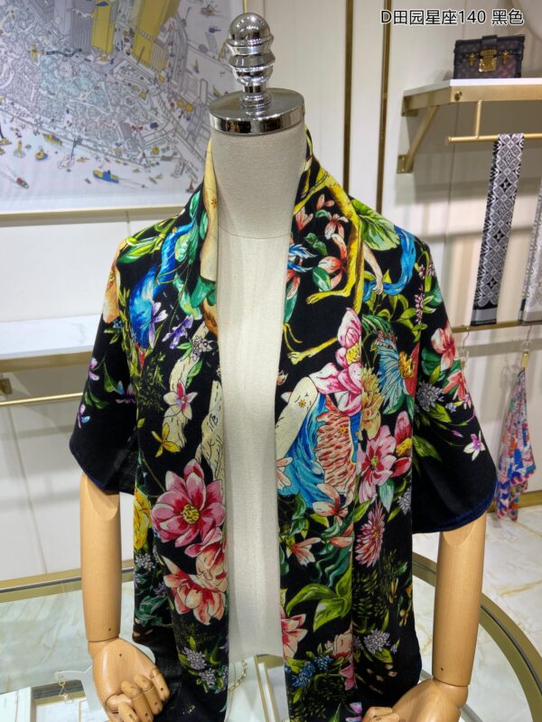 Dior Silk Cashmere Square Multicolor Flower in Black Scarf 140cm/55in 