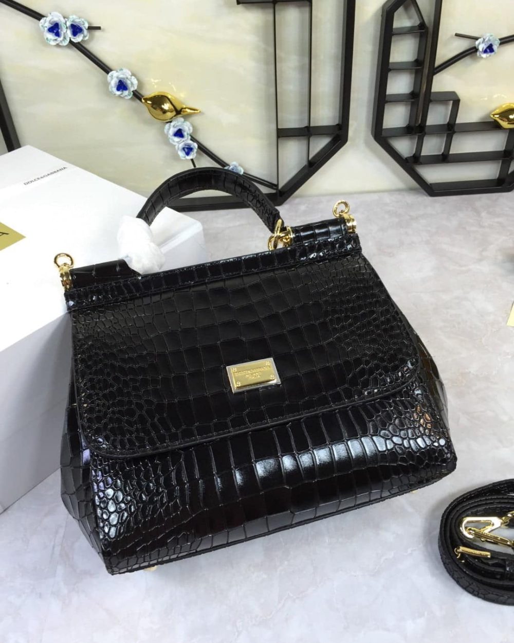 Dolce & Gabbana Medium Sicily Bag In Foiled Crocodile-Print Black For Women 10.2in/26cm DG