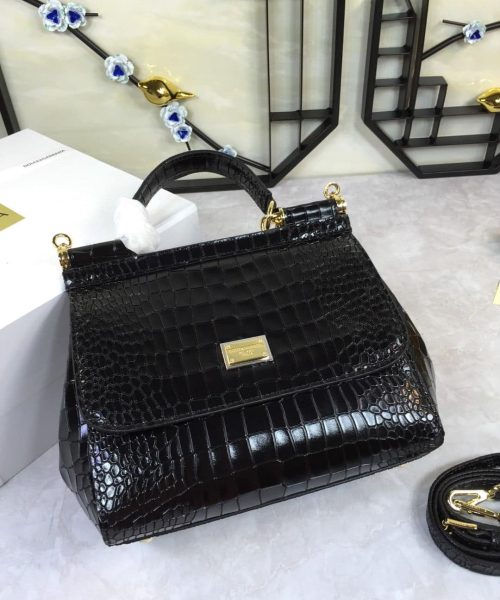 Dolce & Gabbana Medium Sicily Bag In Foiled Crocodile-Print Black For Women 10.2in/26cm DG