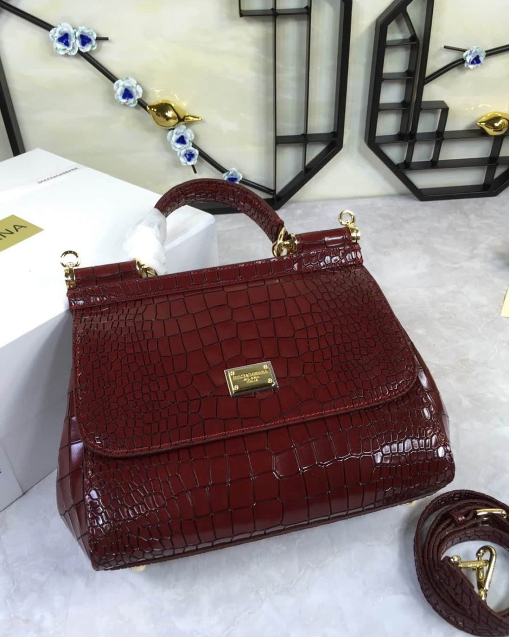 Dolce & Gabbana Medium Sicily Bag In Foiled Crocodile-Print Burgundy For Women 10.2in/26cm DG