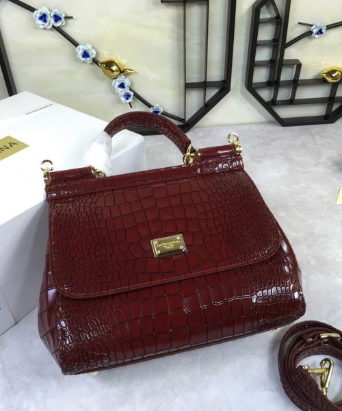 Dolce & Gabbana Medium Sicily Bag In Foiled Crocodile-Print Burgundy For Women 10.2in/26cm DG