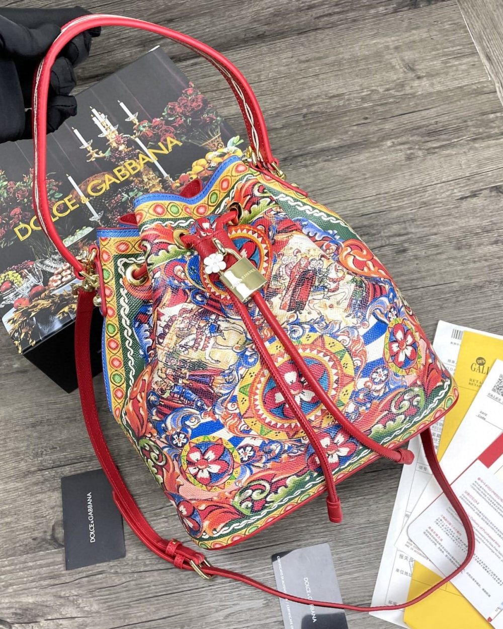Dolce & Gabbana Print Crespo Bucket Bag Multicolor With Branded Plate For Women DG Bag