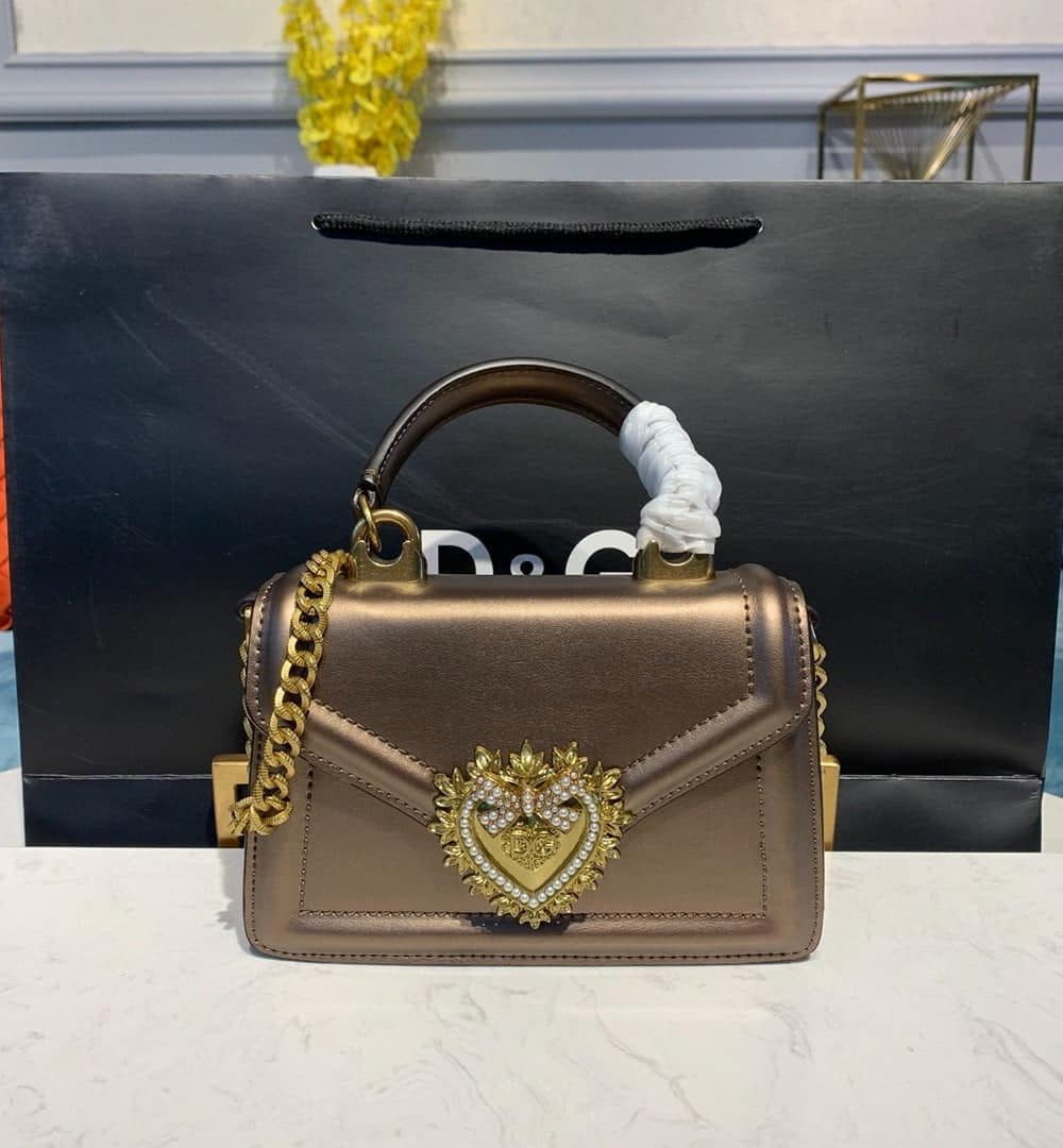 Dolce & Gabbana Small Devotion Bag In Mordore Nappa Antique Brass For Women 7.5in/19cm DG